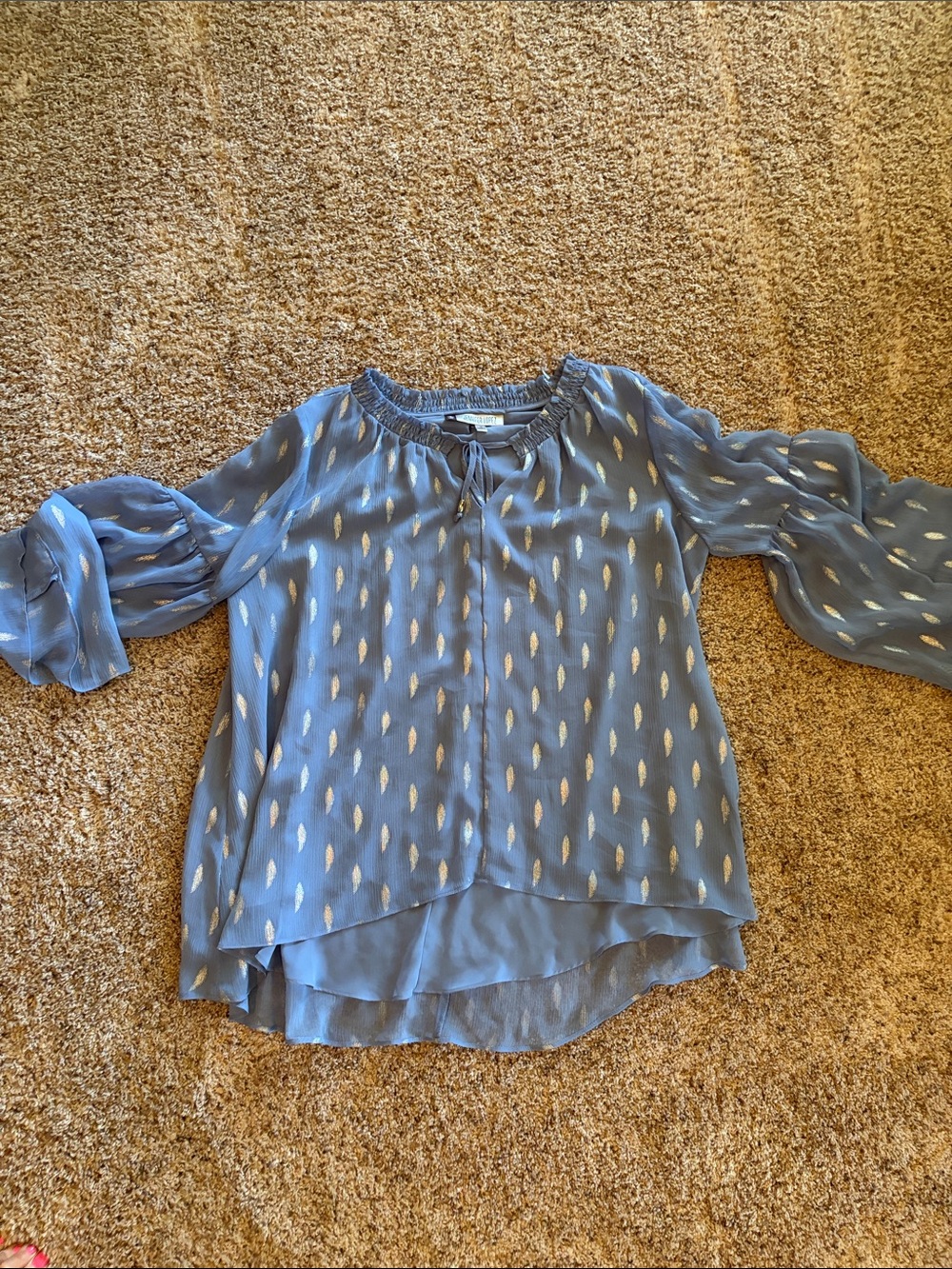 Jennifer Lopez Dusty Blue Metallic Dot Peasant Blouse